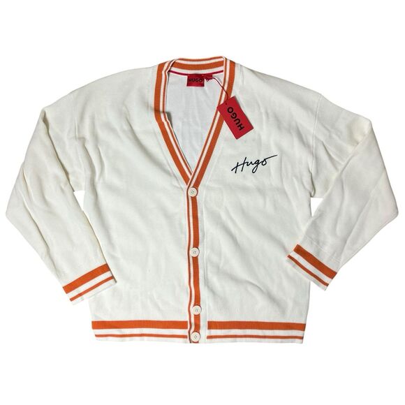 Hugo Boss Cardigan Mens Large Cream Wool Blend V-Neck Striped Preppy Ivy Varsity - Picture 12 of 12